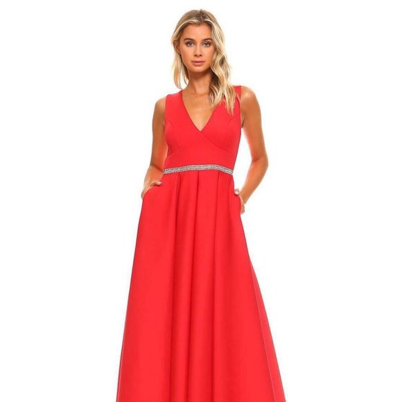 LA Fatima Red V Neck Sleeveless Maxi Party Dress - Picture 1 of 3